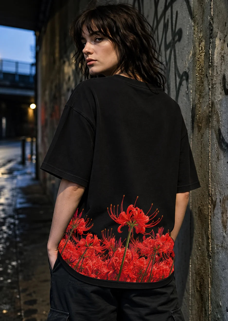 Red Dark Bloom Oversized Black T-Shirt