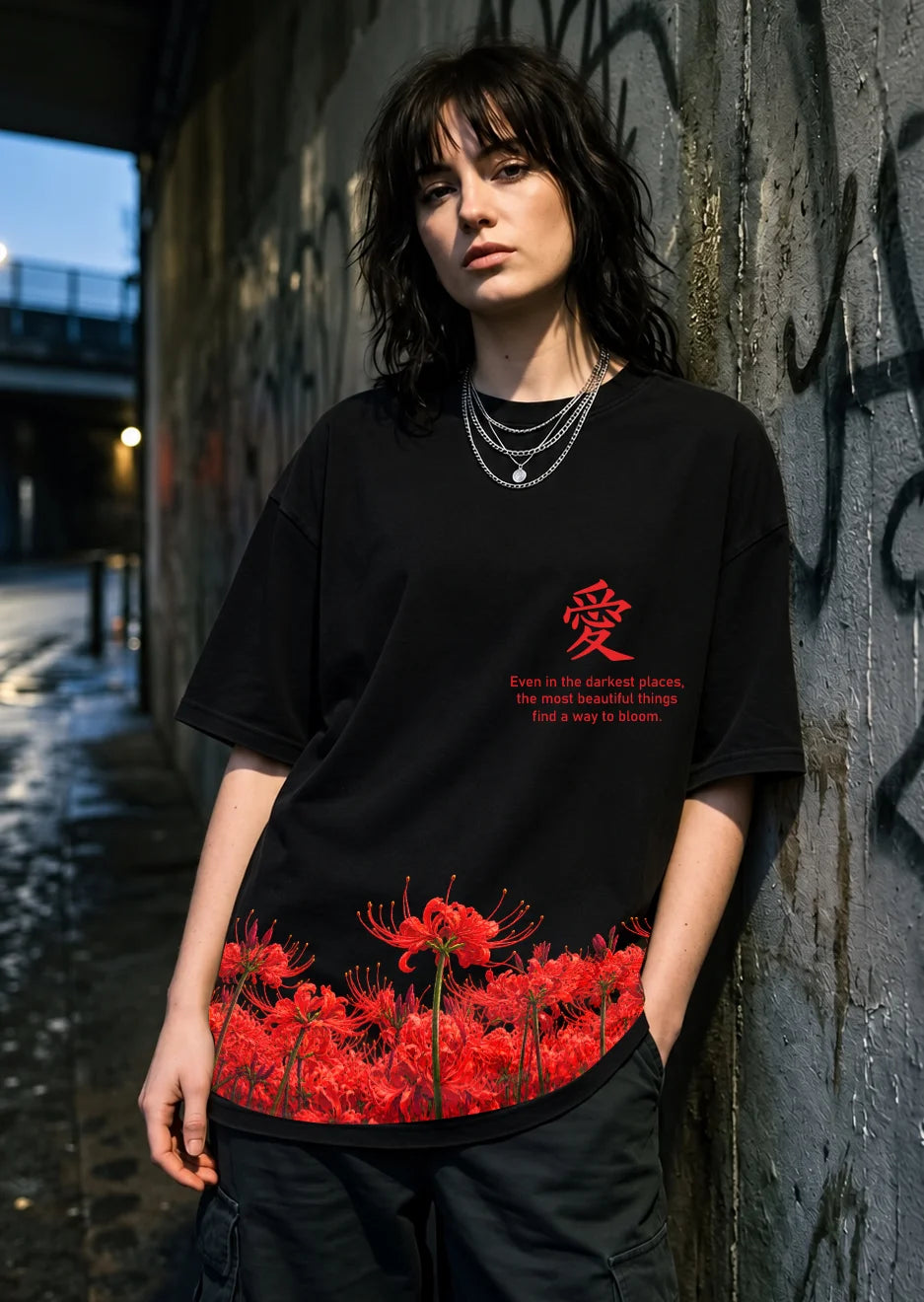 Red Dark Bloom Oversized Black T-Shirt