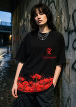Red Dark Bloom Oversized Black T-Shirt