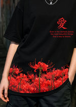 Red Dark Bloom Oversized Black T-Shirt