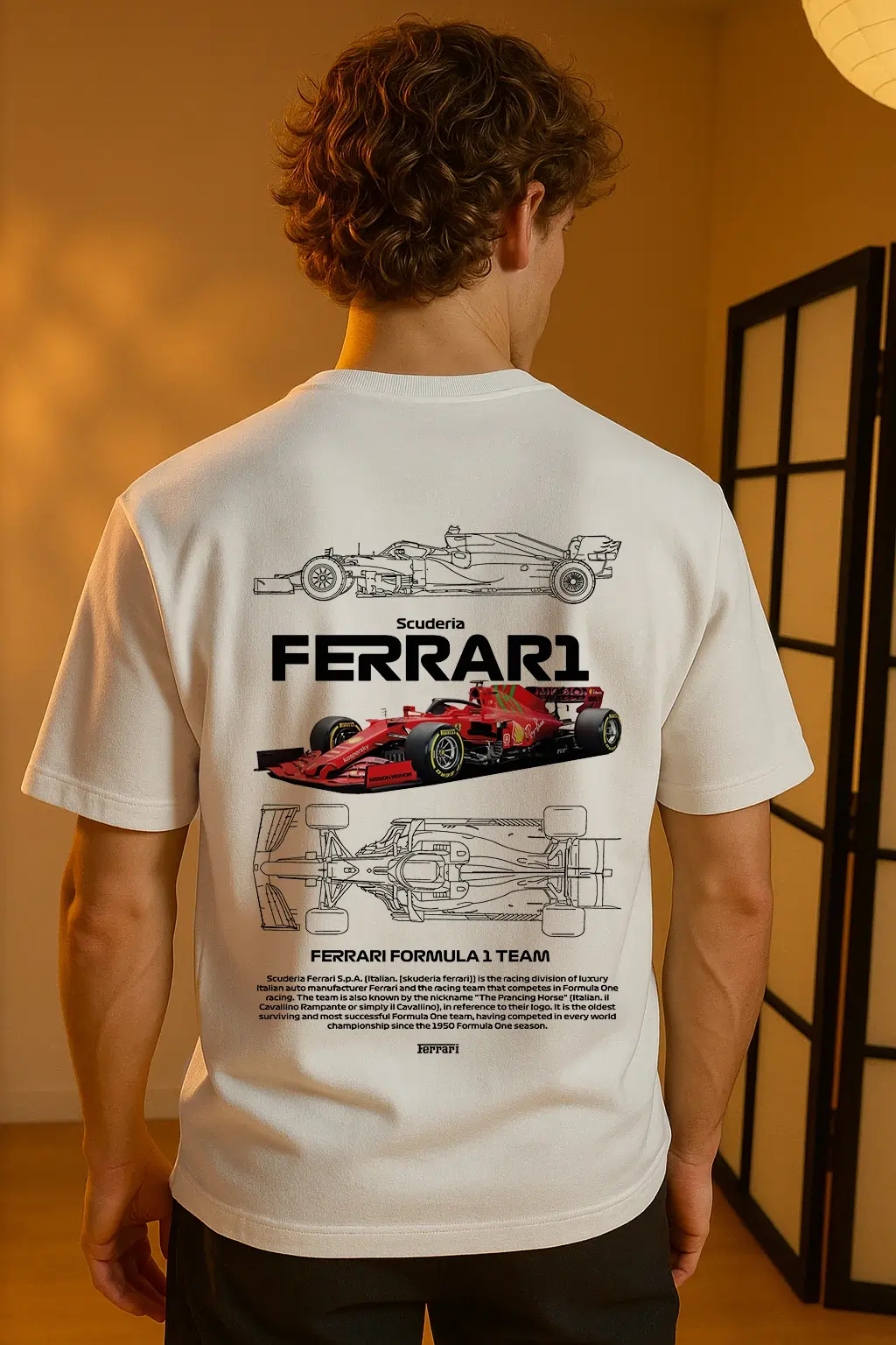 alt="Ferrari F1 Streetwear – Scuderia Formula 1 Car Oversized T-Shirt"